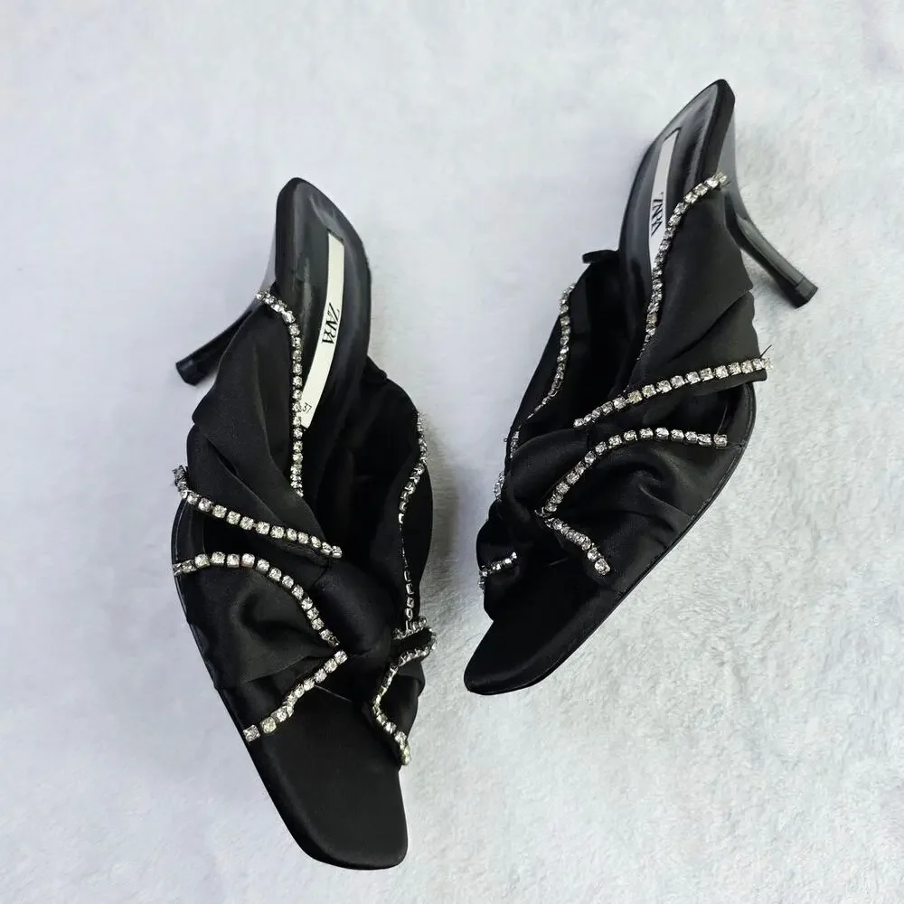 ZARA Satin Mule Heels EU 37 6.5 Black Rhinestone Bow Slip-On Glam Coquette Y2K